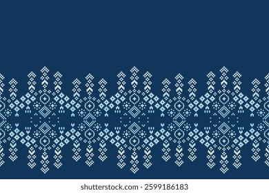 Ethnic pattern traditional motif ikat geometric fabric pattern cross stitch.Ikat embroidery Ethnic oriental Pixel blue background.Abstract,vector,illustration. Texture,decoration,wallpaper.