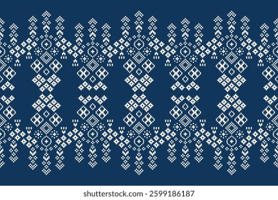 Ethnic pattern traditional motif ikat geometric fabric pattern cross stitch.Ikat embroidery Ethnic oriental Pixel blue background.Abstract,vector,illustration. Texture,decoration,wallpaper.