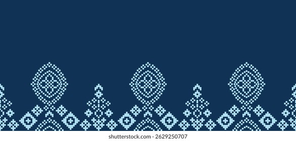 Ethnic pattern traditional motif ikat geometric fabric pattern cross stitch.Ikat embroidery Ethnic oriental Pixel blue background.Abstract,vector,illustration. Texture,decoration,wallpaper.
