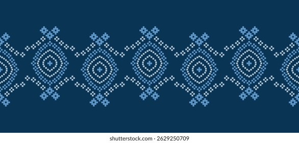 Ethnic pattern traditional motif ikat geometric fabric pattern cross stitch.Ikat embroidery Ethnic oriental Pixel blue background.Abstract,vector,illustration. Texture,decoration,wallpaper.