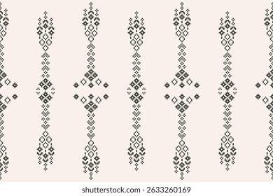 Ethnic pattern traditional motif ikat geometric fabric cross stitch.Ikat embroidery Ethnic oriental Pixel brown cream white color background. Abstract,vector.Texture,decor,wallpaper.