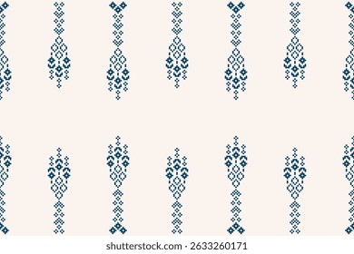Ethnic pattern traditional motif ikat geometric fabric cross stitch.Ikat embroidery Ethnic oriental Pixel brown cream white color background. Abstract,vector.Texture,decor,wallpaper.