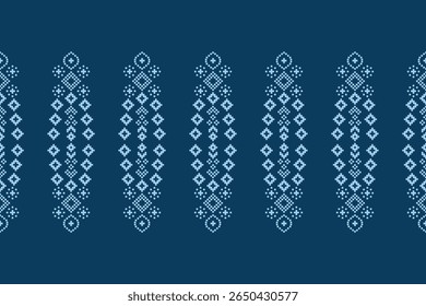 Ethnic pattern traditional motif ikat geometric fabric pattern cross stitch.Ikat embroidery Ethnic oriental Pixel blue background.Abstract,vector,illustration. Texture,decoration,wallpaper.