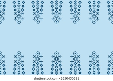 Ethnic pattern traditional motif ikat geometric fabric pattern cross stitch.Ikat embroidery Ethnic oriental Pixel blue background.Abstract,vector,illustration. Texture,decoration,wallpaper.