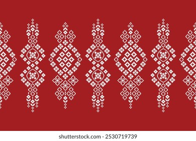 Ethnic pattern traditional motifs ikat geometric fabric pattern cross stitch. Embroidery Ethnic oriental Pixel red background. Abstract,vector,illustration. Texture,christmas,decoration,wallpaper.