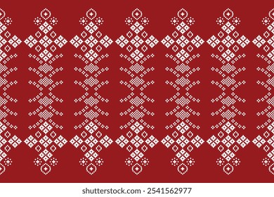 Ethnic pattern traditional motifs ikat geometric fabric pattern cross stitch. Embroidery Ethnic oriental Pixel red background. Abstract,vector,illustration. Texture,christmas,decoration,wallpaper.