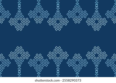 Ethnic pattern traditional motifs ikat geometric fabric pattern cross stitch.Ikat embroidery Ethnic oriental Pixel blue background.Abstract,vector,illustration. Texture,decoration,wallpaper.