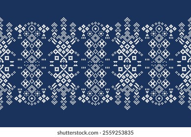 Ethnic pattern traditional motifs ikat geometric fabric pattern cross stitch.Ikat embroidery Ethnic oriental Pixel blue background.Abstract,vector,illustration. Texture,decoration,wallpaper.