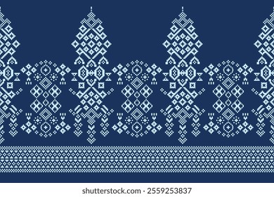 Ethnic pattern traditional motifs ikat geometric fabric pattern cross stitch.Ikat embroidery Ethnic oriental Pixel blue background.Abstract,vector,illustration. Texture,decoration,wallpaper.