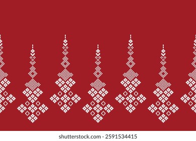 Ethnic pattern traditional red motif ikat geometric fabric pattern cross stitch. Embroidery Ethnic oriental Pixel red background. Abstract,vector,illustration. Texture,christmas,decoration,wallpaper.