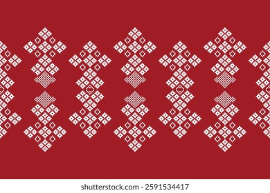Ethnic pattern traditional red motif ikat geometric fabric pattern cross stitch. Embroidery Ethnic oriental Pixel red background. Abstract,vector,illustration. Texture,christmas,decoration,wallpaper.