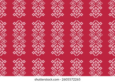 Ethnic pattern traditional red motif ikat geometric fabric pattern cross stitch. Embroidery Ethnic oriental Pixel red background. Abstract,vector,illustration. Texture,christmas,decoration,wallpaper.