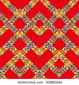 Ethnic pattern triangle ornament isolated on a red. Geometric folk background primitive elements ornamental design.