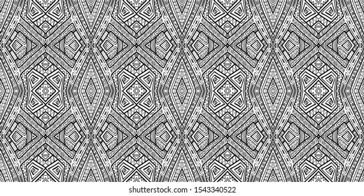 Ethnic pattern. Tribal background. Native ornament. Aztec. Fabric patterm. Boho. Bohemian style. Black and white texture. Print for fashion textile or interior fabric.