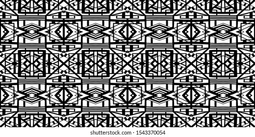 Ethnic pattern. Tribal background. Native ornament. Aztec. Fabric patterm. Boho. Bohemian style. Black and white texture. Print for fashion textile or interior fabric.