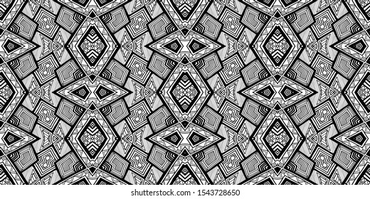 Ethnic pattern. Tribal background. Native ornament. Aztec. Fabric patterm. Boho. Bohemian style. Black and white texture. Print for fashion textile or interior fabric.