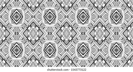 Ethnic pattern. Tribal background. Native ornament. Aztec. Fabric patterm. Boho. Bohemian style. Black and white texture. Print for fashion textile or interior fabric.