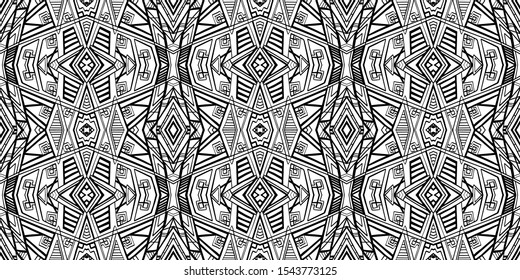 Ethnic pattern. Tribal background. Native ornament. Aztec. Fabric patterm. Boho. Bohemian style. Black and white texture. Print for fashion textile or interior fabric.