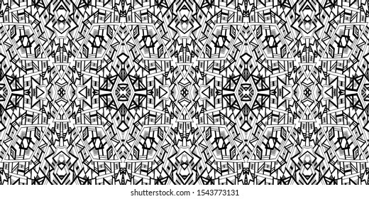 Ethnic pattern. Tribal background. Native ornament. Aztec. Fabric patterm. Boho. Bohemian style. Black and white texture. Print for fashion textile or interior fabric.