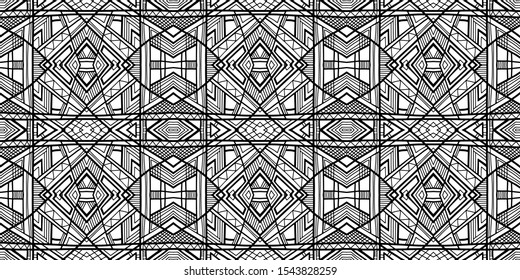 Ethnic pattern. Tribal background. Native ornament. Aztec. Fabric patterm. Boho. Bohemian style. Black and white texture. Print for fashion textile or interior fabric.