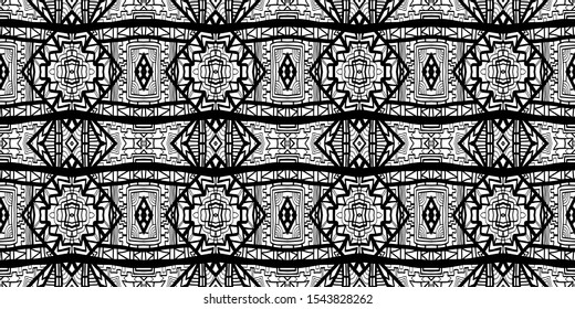 Ethnic pattern. Tribal background. Native ornament. Aztec. Fabric patterm. Boho. Bohemian style. Black and white texture. Print for fashion textile or interior fabric.