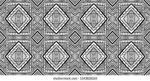 Ethnic pattern. Tribal background. Native ornament. Aztec. Fabric patterm. Boho. Bohemian style. Black and white texture. Print for fashion textile or interior fabric.