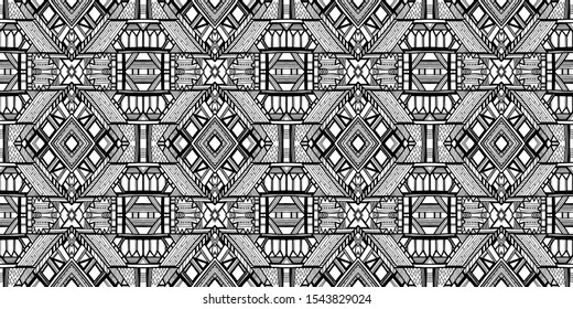 Ethnic pattern. Tribal background. Native ornament. Aztec. Fabric patterm. Boho. Bohemian style. Black and white texture. Print for fashion textile or interior fabric.