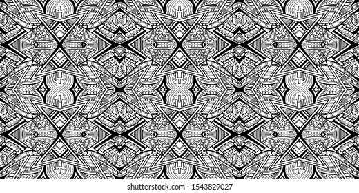 Ethnic pattern. Tribal background. Native ornament. Aztec. Fabric patterm. Boho. Bohemian style. Black and white texture. Print for fashion textile or interior fabric.