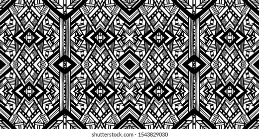 Ethnic pattern. Tribal background. Native ornament. Aztec. Fabric patterm. Boho. Bohemian style. Black and white texture. Print for fashion textile or interior fabric.