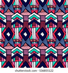 Ethnic pattern. Tribal doodles ornament. Hand drawn effect illustration. Seamless aztec texture for fabric design, interior elements, wallpapers, paper backgrounds and printed products.