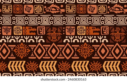 Ethnic pattern. Tribal fabric repeated print. Vintage patchwork design. Aztec background. Mexican border. Seamless texture. Geometric shapes. Ancient tribe signs. Mexico element. Vector tidy ornament