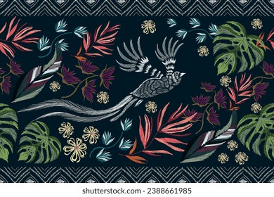 Ethnische Maya-Vogelmuster tropische Blume Ikat Stickerei nahtlose Grenze.Aztec Abstrakte ethnische Muster nahtlosen Hintergrund afrikanische Ikat mexikanische Stil.Hand gezeichnet Vektorgrafik.