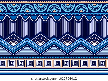 Ethnic pattern vector illustration, seamless boho geometric folk background. Aztec and Peru batik motifs abstract. Great for textile print and wrapping, with vintage slavic navajo line, blue colors.