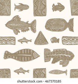 ethnic pattern vector seamless hand drown fish sea sepia