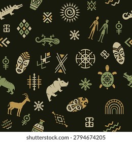 Ethnic Pattern. Vector seamless pattern with tribal masks animals symbols ornaments and cultural motifs in ethnic style