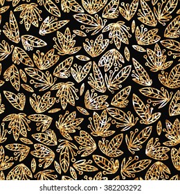Ethnic pattern in zentangle style with abstract ornament for textile, fashion fabric, wrapping paper.Vector gold seamless pattern, floral texture with flowers and plants.Trendy gold glitter texture