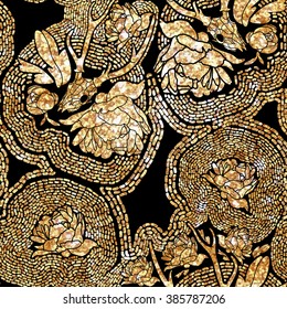 Ethnic pattern in zentangle style for textile, fashion fabric, wrapping paper.Vector gold seamless pattern, floral texture with glitter plants.Batik painting.Dia de los Muertas (Day of the Dead)Skull