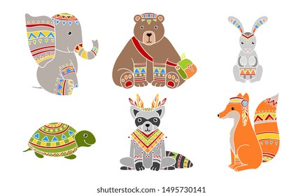 Ethnic Patterned Animals Set, Elephant, Bear, Rabbit, Turtle, Fox, Raccoon Vector Illustration