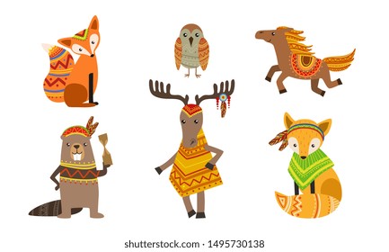 Ethnic Patterned Animals Set, Fox, Owl, Horse, Beaver, Deer Vector Illustration