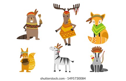 Ethnic Patterned Animals Set, Horse, Beaver, Squirrel, Zebra, Raccoon, Deer Vector Illustration