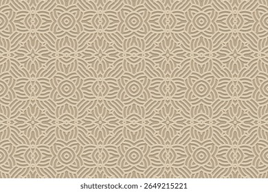 Ethnic patterned beige background, cover design, banner, wallpaper. Geometric elegant boho 3d pattern, embossing. Tribal ornaments, arabesques, mandala, fresco of the East, Asia, India, Mexico, Aztec.