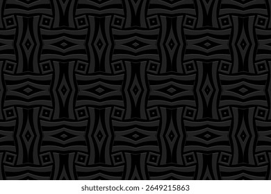 Ethnic patterned black background, cover design, banner, wallpaper. Geometric creative boho 3d pattern, embossing. Tribal ornaments, arabesques, mandala, fresco of the East, Asia, India, Mexico, Aztec