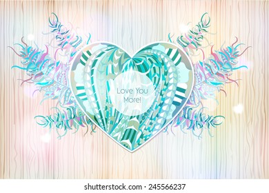 Ethnic patterned colored heart and feathers on the wood hand-drawn background / card for Valentine's Day