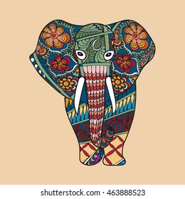 Ethnic patterned elephant on the pink background. Indian  totem , tattoo design. Abstract Design Elephant with mandala pattern.