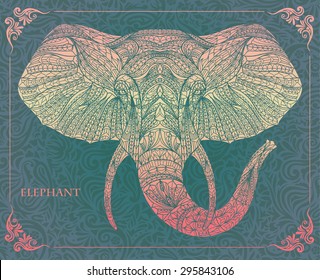 Ethnic patterned head of elephant on the grunge background/ African / Indian / totem / tattoo design. Use for print, posters, t-shirts. 