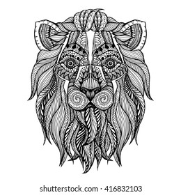 Ethnic patterned head of Lion , Animals. Black white hand drawn doodle, totem, tattoo design. Sketch for avatar, tattoo, poster, print or t-shirt.