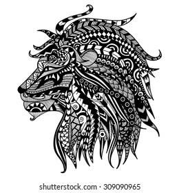Ethnic patterned head of lion on white  background/ african / indian / totem / tattoo design. Use for print, posters, t-shirts,logo,coloring page