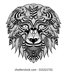 Ethnic patterned head of lion on white background/ african / indian / totem / tattoo design. Use for print, posters, t-shirts,logo,coloring page