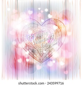 Ethnic patterned heart on the wood hand-drawn background / card for Valentine's Day