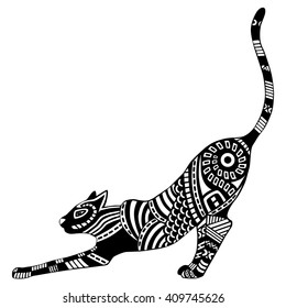 Ethnic patterned ornate decorative cat silhouette. Black and white hand drawn doodle  illustration. African, totem, tattoo designdesign, poster, print or t-shirt.